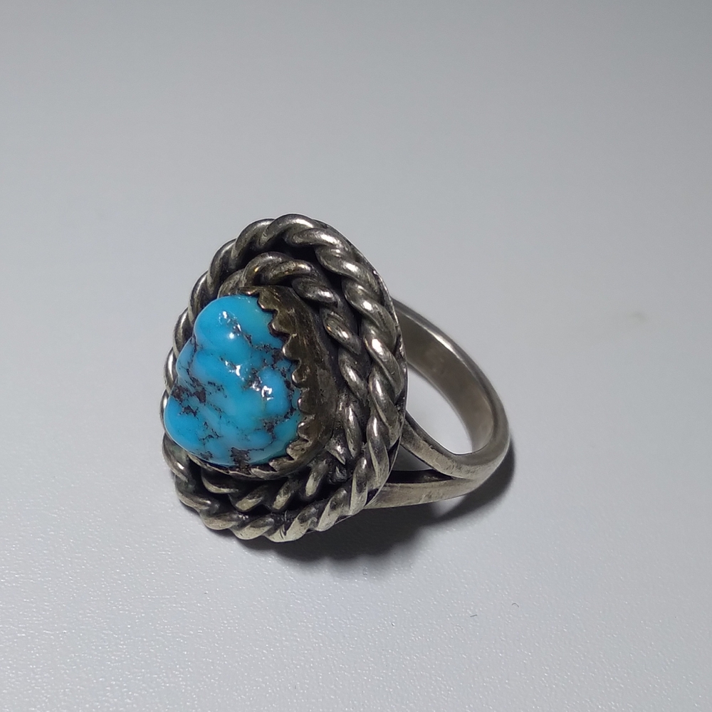 Vintage Navajo Silver Ring  Turquoise Stone Double Braid Rope Boarder Size 6.5